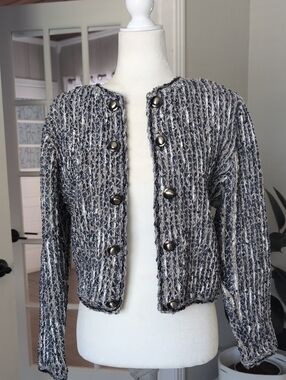Estelle Womens Blue & Cream Textured Knit Tweed Cardigan Blazer Medium